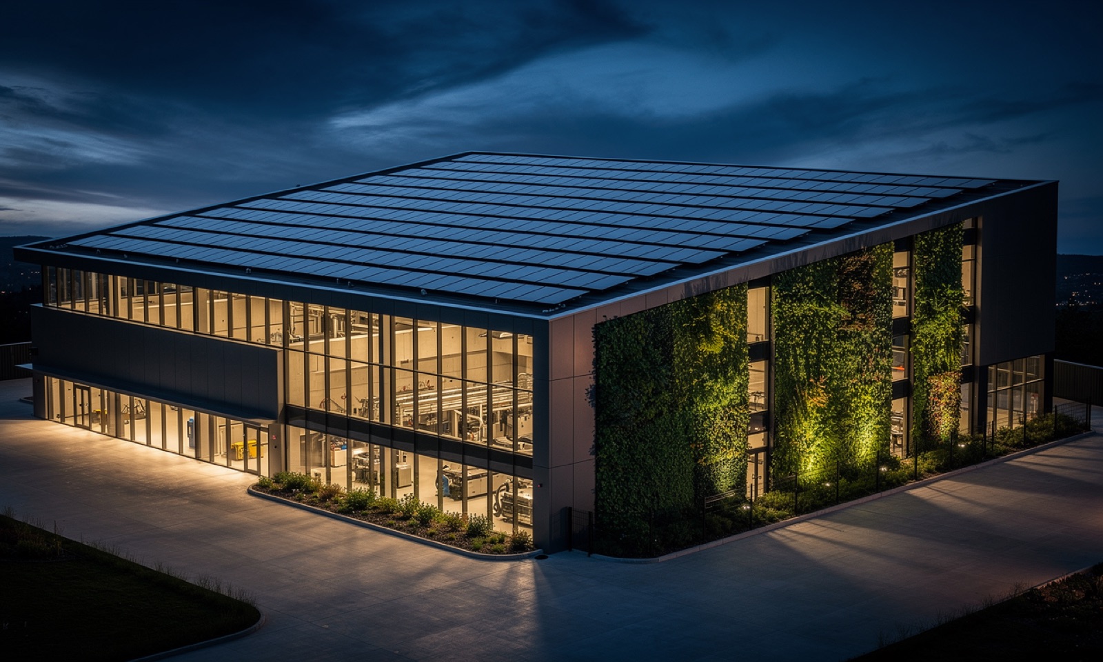 Sustainable industrial building with rooftop solar at dusk