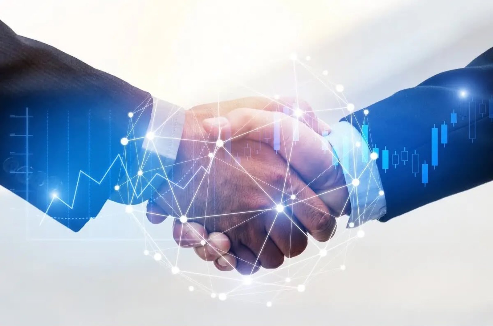 Business partnership handshake with a digital data-network overlay