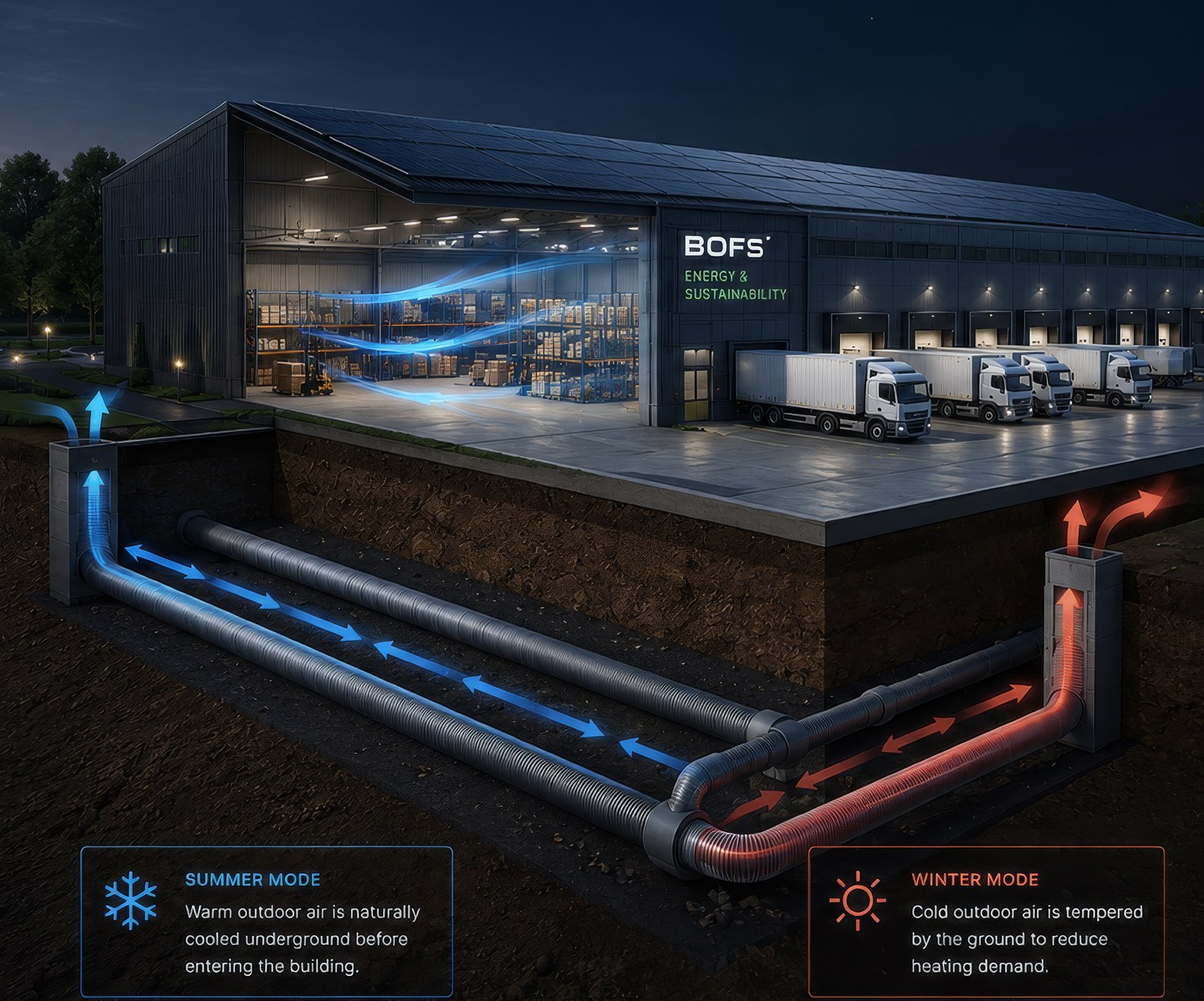 Earth-air heat exchanger passive cooling for a logistics warehouse: warm outdoor air is cooled underground in summer and pre-heated in winter
