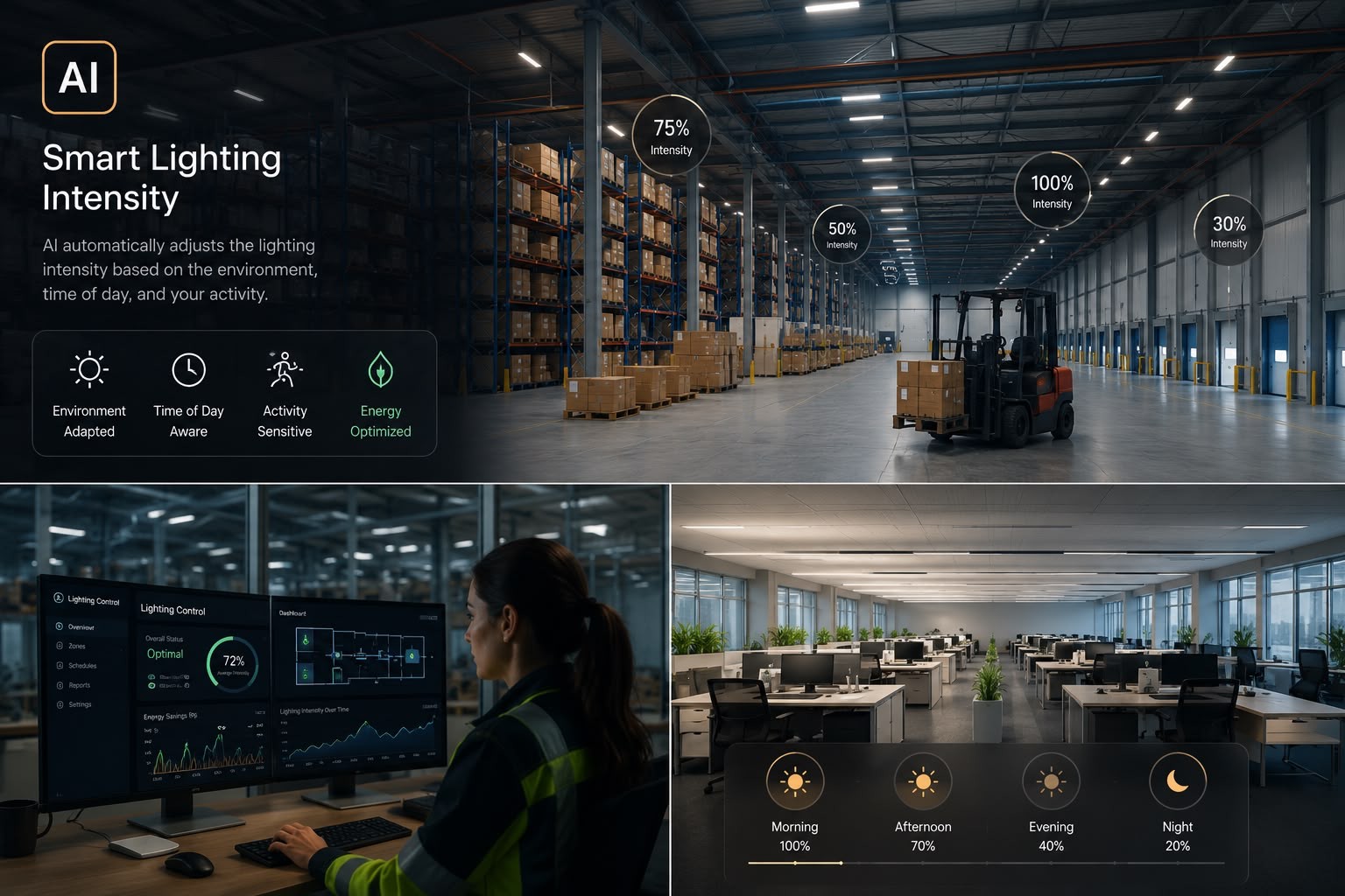 Smart Lighting Intensity AI: warehouse and office lighting auto-adjusted by AI based on environment, time of day and activity